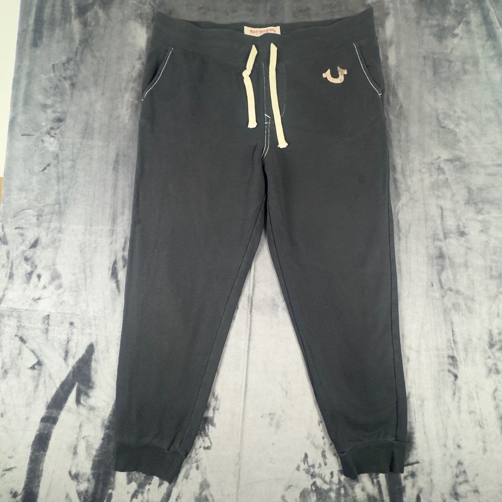 True Religion Sweatpants Mens 2XL Black Gold Horseshoe Logo Joggers Drawstring